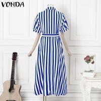 Vestido de mujer 2025, vestido veraniego a rayas bohemio, Vestidos con volantes de verano, VONDA, informal, holgado, con cuello de solapa, estampado, bata con cinturón de gran tamaño - details 5