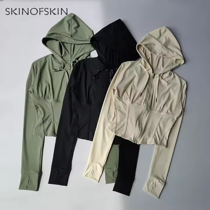 Sudadera Deportiva con Capucha de Cierre Cremallera Estilo Corto, Ajuste Delgado, Secado Rápido, Manga sin Capas, Collar O-Cuello, Material de Nylon Ideal para Correr, Yoga, Fitness Conjunto de Zapatos y Ropa Deportiva - 1