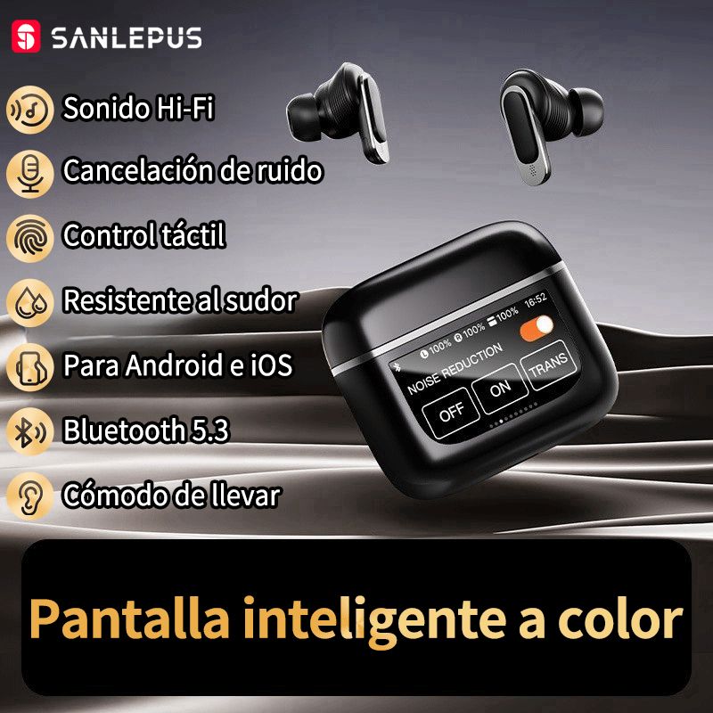 2025 SANLEPUS Auriculares inalámbricos Bluetooth, pantalla táctil inteligente, pantalla digital, Bluetooth 5.3 con micrófono HD, estéreo HiFi, reducción de ruido, auriculares internos 32H con control táctil, compatible con iPhone Android