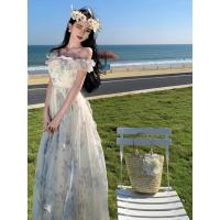 Estilo de vacaciones junto al mar falda con tirantes hilo borde con volantes vestido de playa atmósfera vestido largo elegante ventilador de hadas - details 6