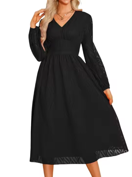 Vestido largo de manga larga con cuello en V para mujer, vestido elegante de corte en A, Color liso Vintage, estético, nuevo en oferta - 1