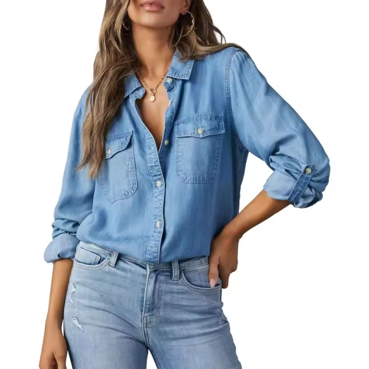 Camisa de mezclilla con botones para mujer, casual, con solapa, manga larga, chaqueta vaquera, blusa ajustada de otoño con bolsillo - 1