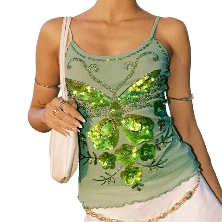 Camiseta sin mangas con purpurina brillante para mujer Y2k, Tops cortos con cuentas de lentejuelas de hadas, camisola sin mangas de varias capas, chaleco de verano, ropa de calle - 1