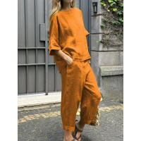 Conjunto de verano de 2 piezas para mujer, talla grande, camisa de lino y algodón, traje con pantalones largos sueltos de cintura alta - details 1