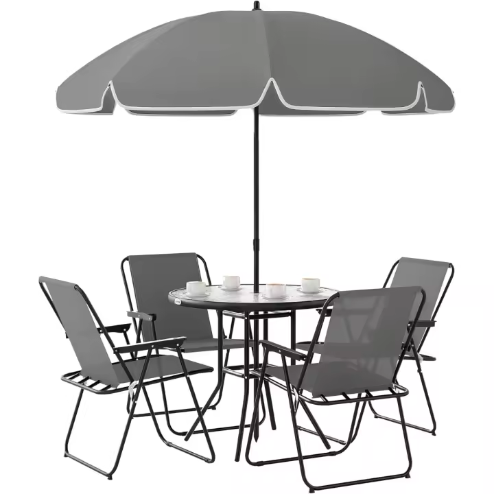 Conjunto de mesa y sillas de jardín de 6 piezas, muebles de jardín exterior con 4 sillas plegables, mesa de vidrio y sombrilla para terraza/patio, color gris. - 1