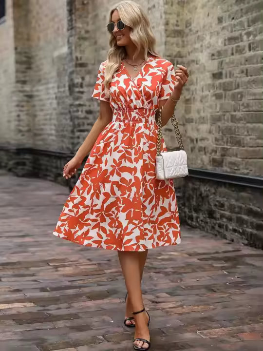 Vestido de cintura acampanada con estampado de hojas y cuello en V de manga corta para la nueva primavera verano 2025. - 1
