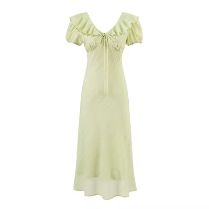 Vacaciones francesas con cuello en V, borde de volantes, vestido de manga corta con cintura y delgado, el vestido morado suave es versátil - 1