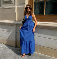 Primavera Verano Nuevo cuello en V sin espalda Diseño de correa Estilo Sense Casual A-line Vestido largo para mujer - details 6