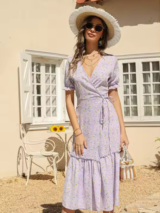 Verde 2024 Vestido Largo de Gasa con Estampado Floral para Mujer - 1