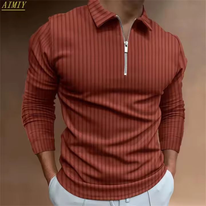 Polo deportivo informal con solapa de color liso para hombre, camisa de manga larga a rayas con cremallera, alta elasticidad, novedad Otoño/Invierno 2024 - 1