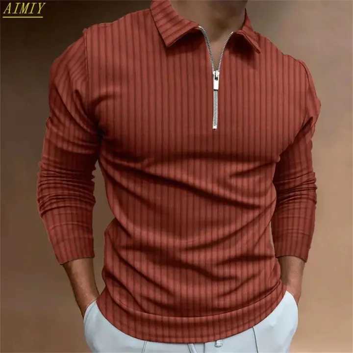Polo deportivo informal con solapa de color liso para hombre, camisa de manga larga a rayas con cremallera, alta elasticidad, novedad Otoño/Invierno 2024 - 1