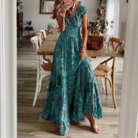 Vestido largo para mujer talla S-3XL estilo bohemio europeo y americano nuevo con cintura ajustada estampado floral vestido con dobladillo grande - details 7