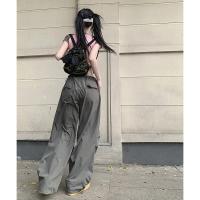 Pantalones de chándal de pierna ancha holgados informales grises, ropa de calle de cintura baja con cordón, pantalones Cargo, pantalones Hippie para correr para mujer - details 5
