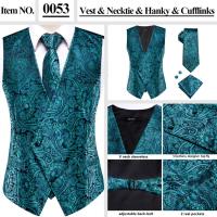 Chaleco ajustado, corbata, bolsillo, gemelos cuadrados, chaleco de seda para hombre, conjunto de corbata para traje, vestido, chalecos florales de cachemira de boda, regalo - details 25