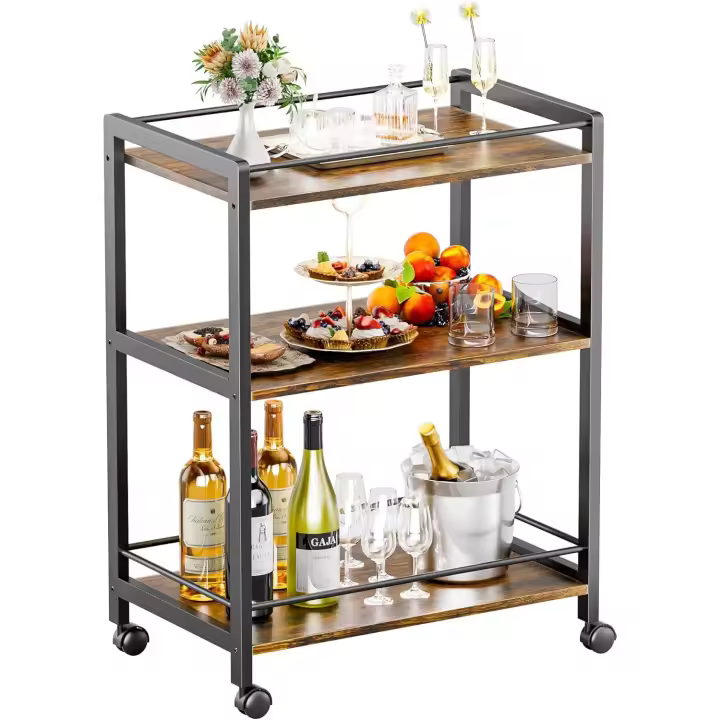Bar de 3 Niveles, Carro de Bebidas con Ruedas y Estantes, Carrito de Bar rodante para Cocina Hogar Salón, Marrón Rústico y Negro - 1