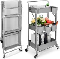Cocina de 3 Niveles, Carrito Plegable de Metal, Estante con Ruedas, Organizador de estantes, Estante de Cocina, Carrito Plegable Multiusos para Cocina, baño, Oficina (Verde) - details 9
