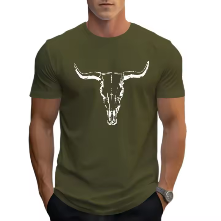 Camiseta Casual de Verano con Estampado de Calavera de Toro Cuello Redondo, Ajuste Regular, Algodón y Poliéster Perfecto para el Uso Diario - 1