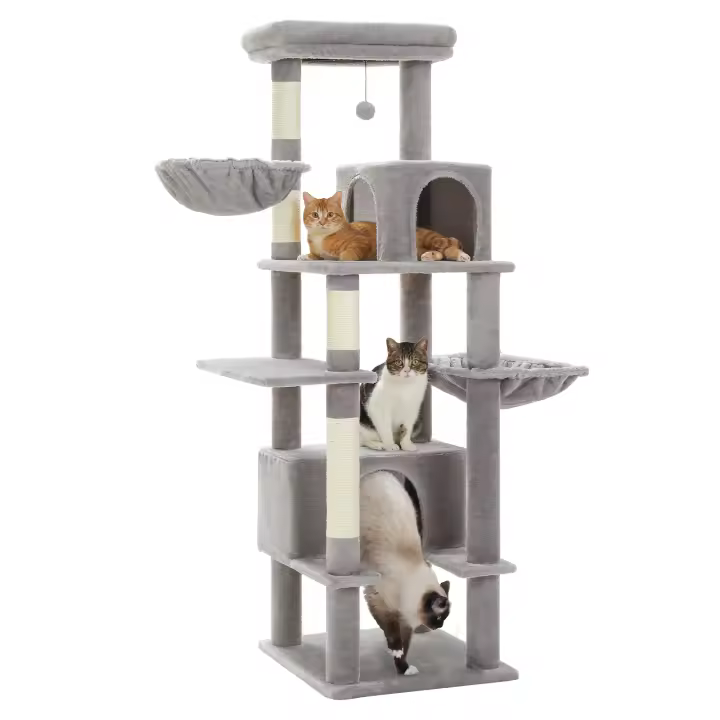 PAWZ Road Árbol de gato de varios niveles con forma de cactus para gatos de interior, gran torre para gatos con poste rascador de sisal, dos grandes condominios y una hamaca súper grande, juguetes para gatos - 1