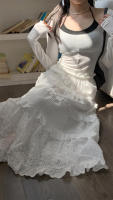 Falda larga de encaje para mujer, vestido de pastel, cintura elástica, línea A, multicapa, ropa de playa, blanco - details 3