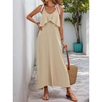Vestido de color sólido nuevo 2025 con tirantes decorativos y borde largo con volantes para vacaciones de ocio transfronterizas europeas y americanas - details 2