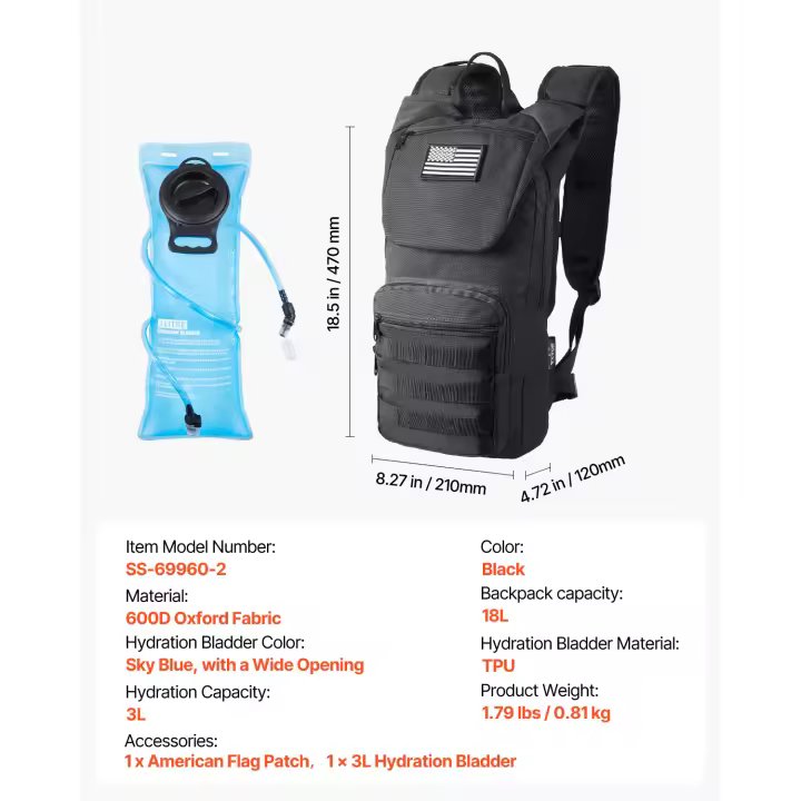 SucceBuy Mochila de hidratación, vejiga de agua de TPU de 3 litros, mochila táctica Molle para senderismo con almacenamiento para hombres y mujeres, mochila hidráulica para senderismo, correr, ciclismo, camping - 1