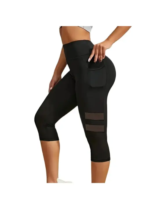 Cintura ancha, control abdominal, levantamiento de glúteos, pantalones capri deportivos, costuras de cintura alta, empalme de malla, legging deportivo de yoga - 1