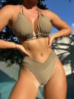 Bikini Sexy de color puro, traje de baño de 2 piezas con lazo en el cuello, en forma de V, novedad de 2024 - details 7
