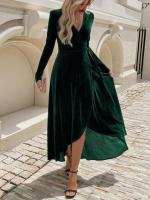 Vestido largo de manga larga con cuello en V para mujer, abertura de Color sólido de lujo, suave - details 17