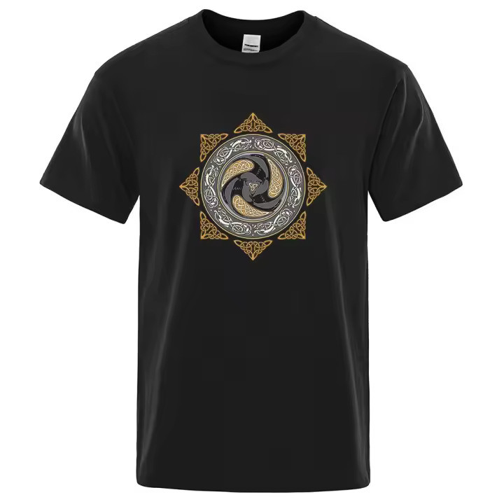 Camiseta Informal de Algodón para Hombre Manga Corta, Cuello Redondo, Estampado Vintage de VIKINGS - 1