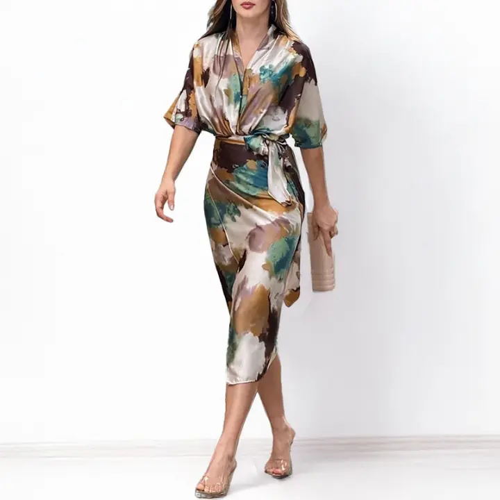 Vestido de mujer, nuevo producto de otoño 2025, vestido elegante estampado con cuello en V y cintura adelgazante - 1