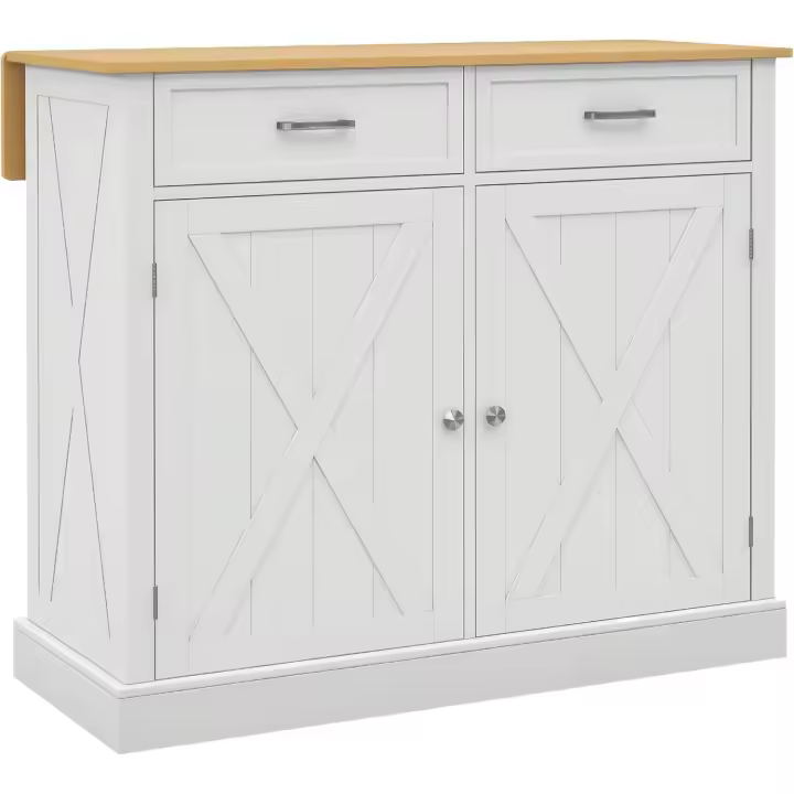 Isla de Cocina de Madera Plegable 2 Puertas, 2 Cajones, Ajustable a Medida, 4 Ruedas 105x60x90,5 cm - 1
