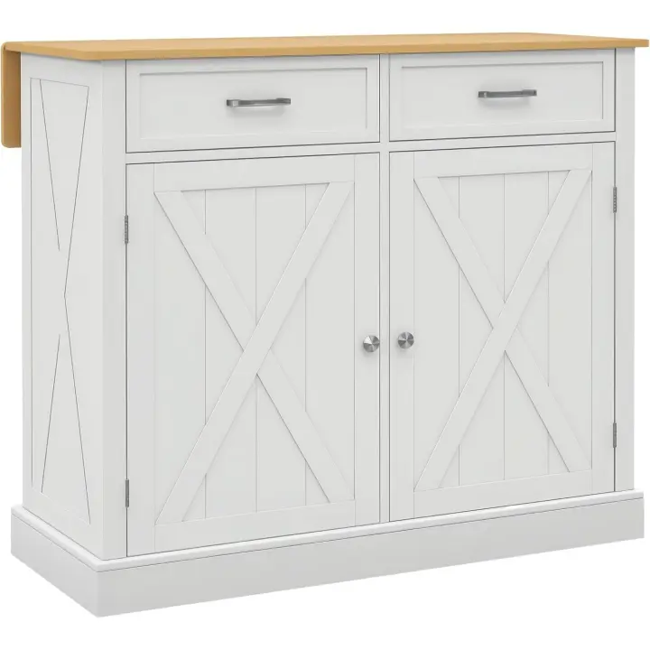 Isla de Cocina de Madera Plegable 2 Puertas, 2 Cajones, Ajustable a Medida, 4 Ruedas 105x60x90,5 cm - 1