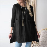 Tops sueltos de manga corta con cuello redondo para mujer, bolsillo de algodón y lino, nuevo - details 3