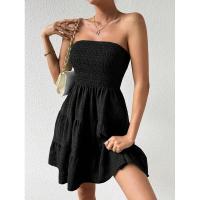 Vestido de Tubo de Cuello Único Versátil de Verano Color Sólido, Textura Cintillante, Moda para Mujeres Europeas y Americanas - details 4