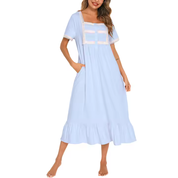 Pijamas para mujer, ropa de dormir con cuello cuadrado, camisón de manga corta, vestido mixto de encaje - 1