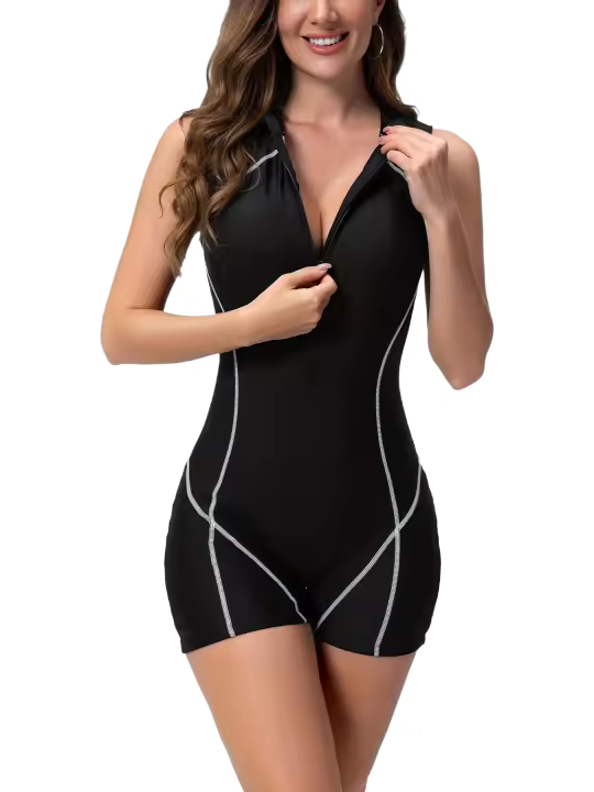 Traje de baño de una pieza de alta elasticidad para mujer, cuello redondo, cremallera, surf, buceo, deportes - 1
