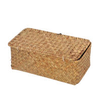 Cesta de estante de almacenamiento hecha a mano con tapa, organizador de maquillaje tejido de ratán Rectangular, contenedor multiusos, caja Natural - details 5
