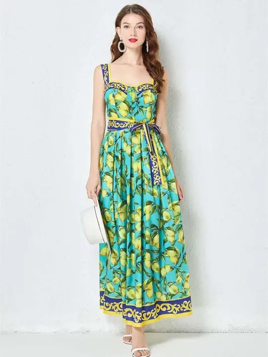 Vestido Maxi de Moda de Pasillo con Estampado de Limón Vestido Boho Chic para Verano con Cinturón Acolchado Vestidos Largos de Vacaciones sin Espalda - 1