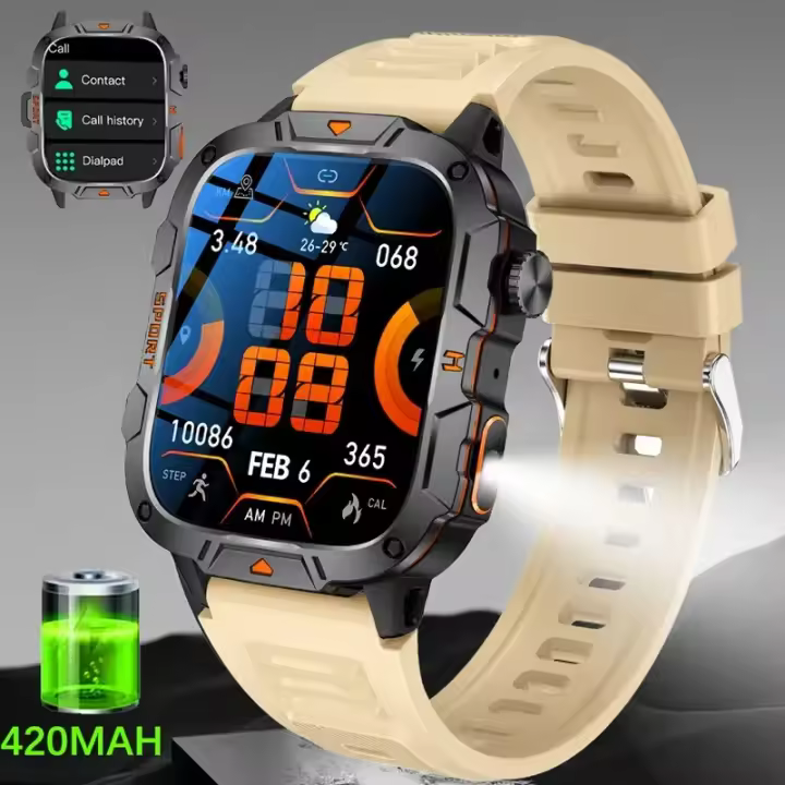 2025 Nueva pantalla militar AMOLED HD de 1,96 pulgadas para exteriores, linterna LED, llamada Bluetooth, frecuencia cardíaca y presión arterial, más de 100 deportes - 1