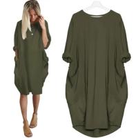 2025 nuevo vestido suelto Casual para mujer con bolsillo moda para mujer vestido sólido cuello redondo Camisetas largas camiseta ropa de calle de talla grande - details 0