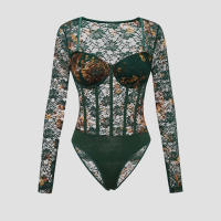 Vintage temperamento floral encaje aros ver a través de manga larga slim hottie interior mono verde - details 0
