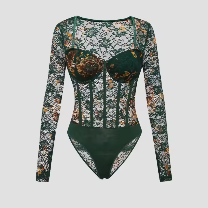 Vintage temperamento floral encaje aros ver a través de manga larga slim hottie interior mono verde - 1