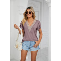 BUNO-2025 Camiseta holgada de manga corta con cuello en V para mujer, Top informal de encaje de Color puro, camiseta holgada cómoda y transpirable para verano - details 26