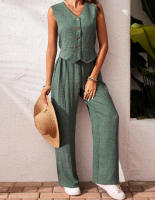 Conjunto casual de lino nuevo para mujer, chaleco con cuello en V, top sin mangas con botones frontales y pantalones largos. - details 6
