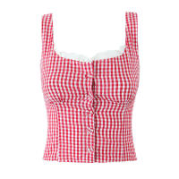 Top corto de algodón de verano 2025 con botones delanteros, camiseta sin mangas a cuadros negros y rojos para mujer - details 7