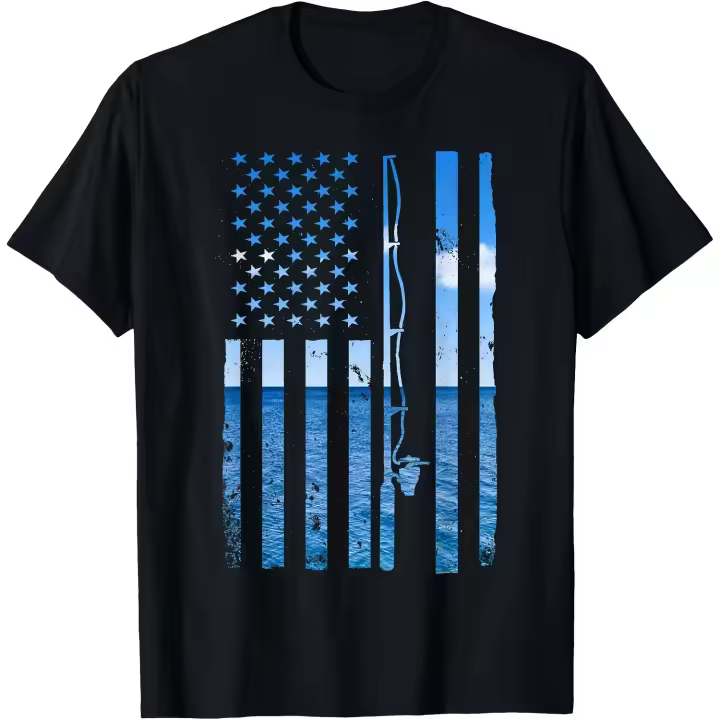 Camiseta para hombre con bandera americana, pescador, pescador, pesca de lubina divertida, EE. UU. - 1