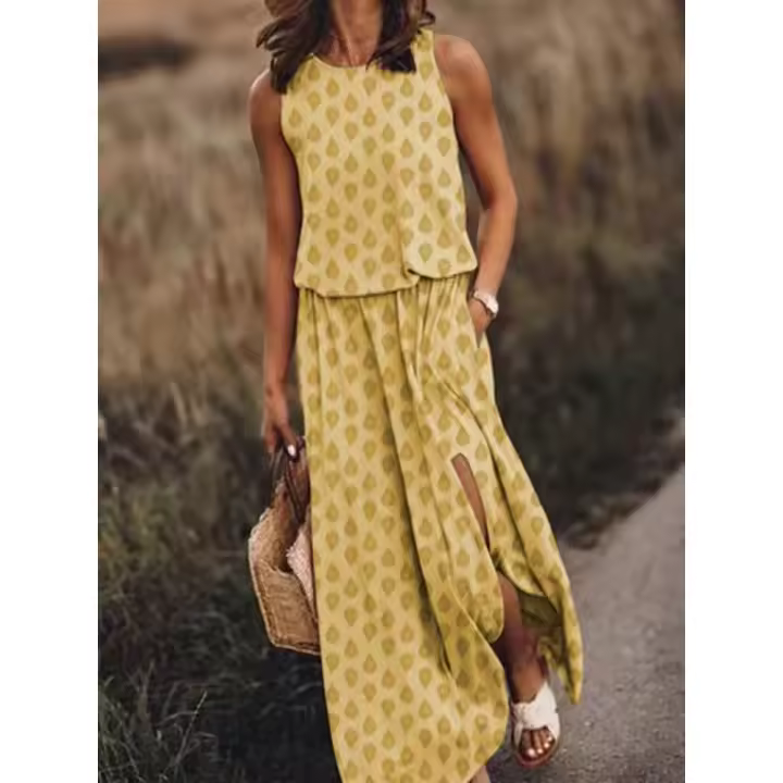 Vestido largo de verano 2025 para mujer, cuello redondo, sin mangas, con abertura, multicolor, color sólido. - 1