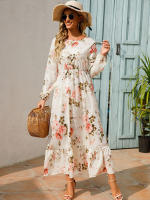 Vestido largo elegante de fiesta con estampado floral, mangas largas tipo farol y cintura alta para mujer - details 8