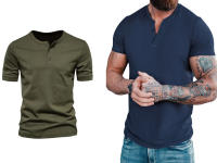 Camiseta de manga corta Henley para hombre, ropa informal de algodón, M-6XL, color azul marino y verde, paquete de 2 - details 1