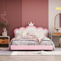 Marco de Cama para Niños 140*200cm con Base de Almohadilla y Espalda, Forma de Corona Rosa - details 1